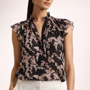 A.L.C. Foley Silk Lurex Floral Ruffle Sleeve Blouse Black Size 4